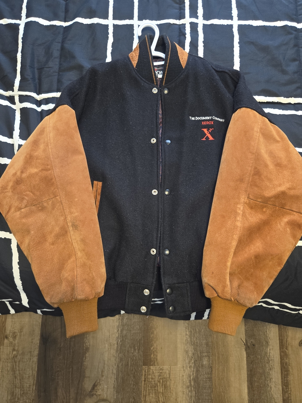 Xerox Black Wool Letterman Jacket with Brown Suede Sleeves